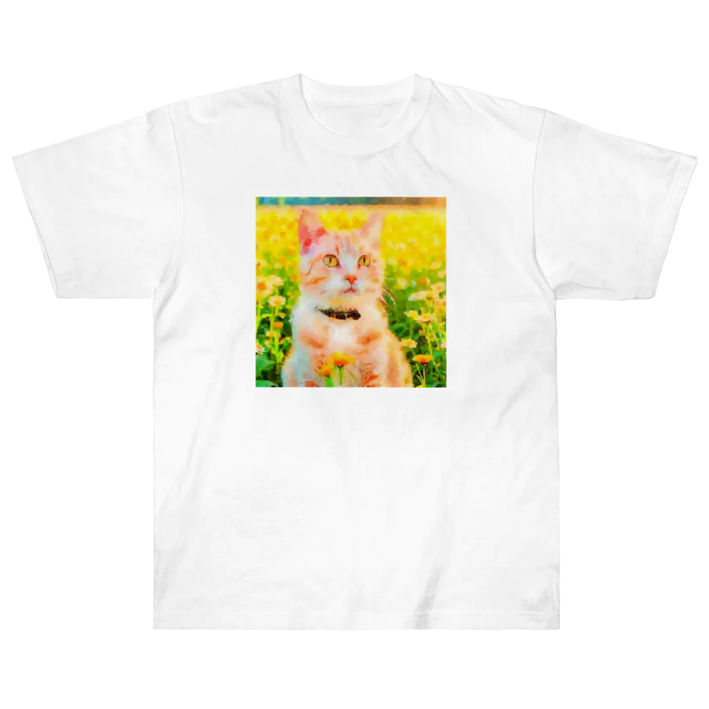 猫好きの谷の猫の水彩画/花畑のチャシロねこのイラスト/茶白ネコ Heavyweight T-Shirt
