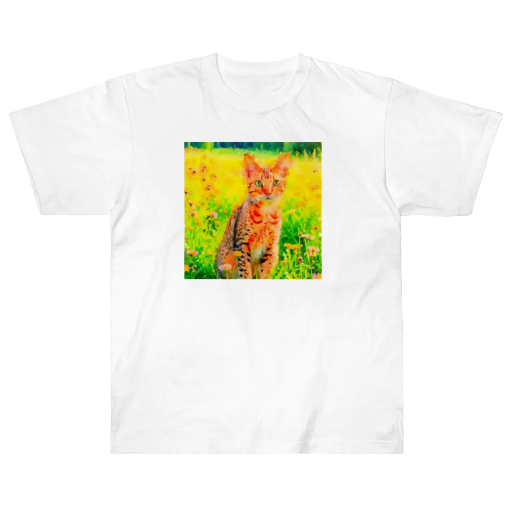 猫好きの谷の猫の水彩画/花畑のオシキャットねこのイラスト/キジトラネコ Heavyweight T-Shirt