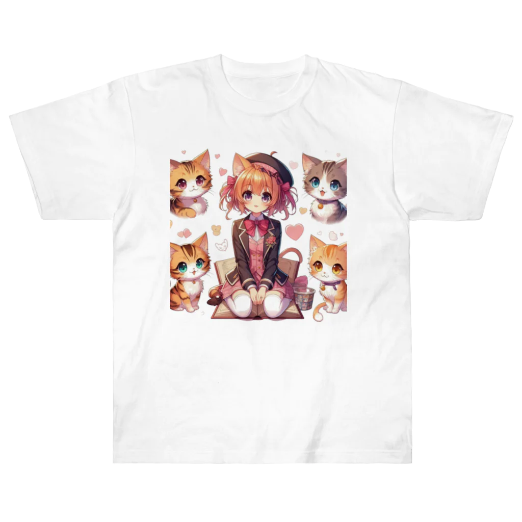 ウツボちゃんの大好きな猫に囲まれて ヘビーウェイトTシャツ