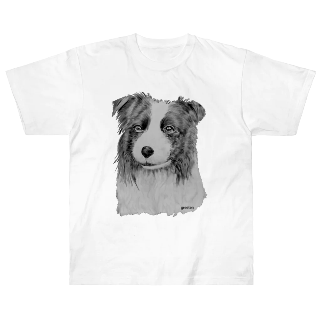 greetenのボーダーコリー　アート犬モノクロ ヘビーウェイトTシャツ