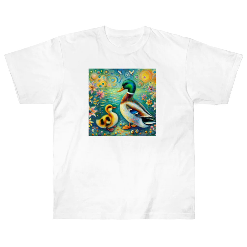 momoart8888のカルガモファミリー🦆🩷 ヘビーウェイトTシャツ