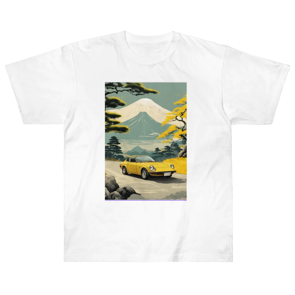 JapanCarStyleの黄色いスポーツカーと日本の風景 Heavyweight T-Shirt