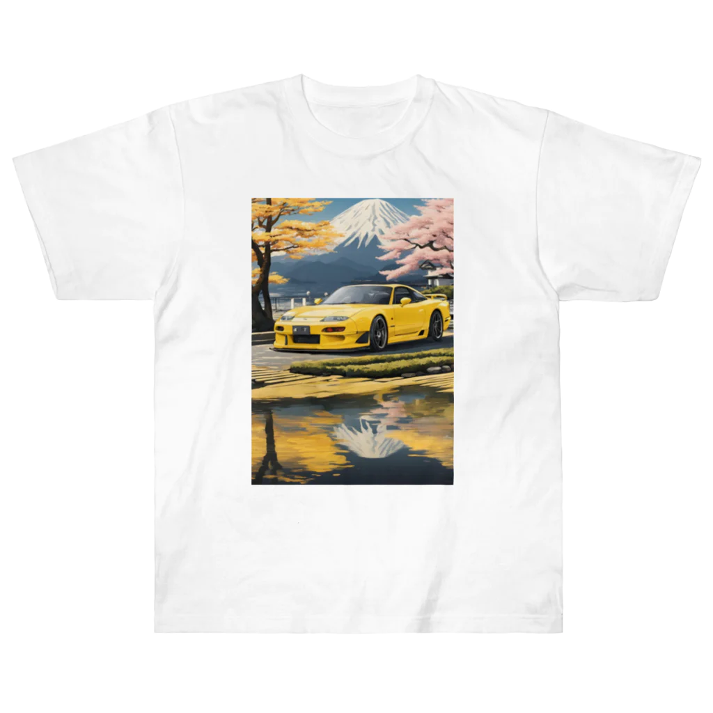 JapanCarStyleの黄色いスポーツカーと日本の風景3 ヘビーウェイトTシャツ