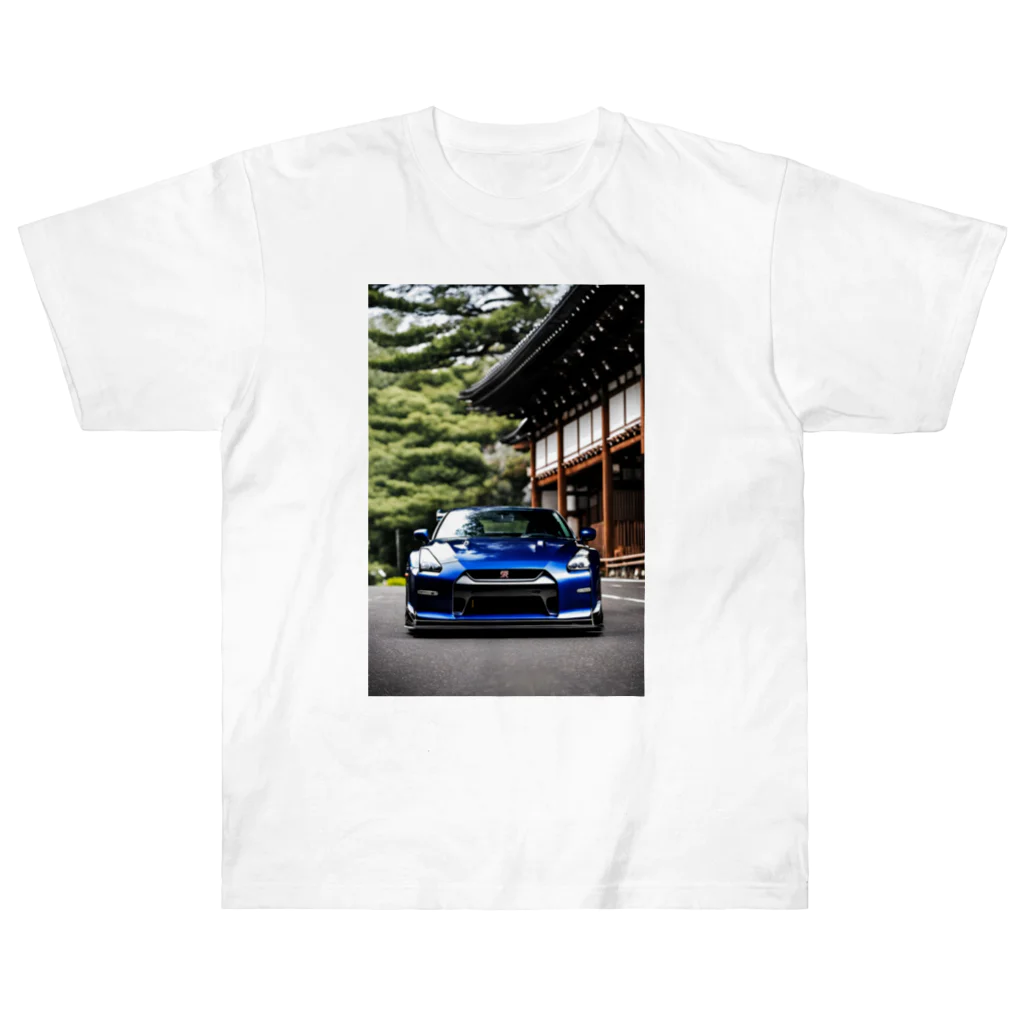 JapanCarStyleの青いスポーツカーと日本の風景 ヘビーウェイトTシャツ