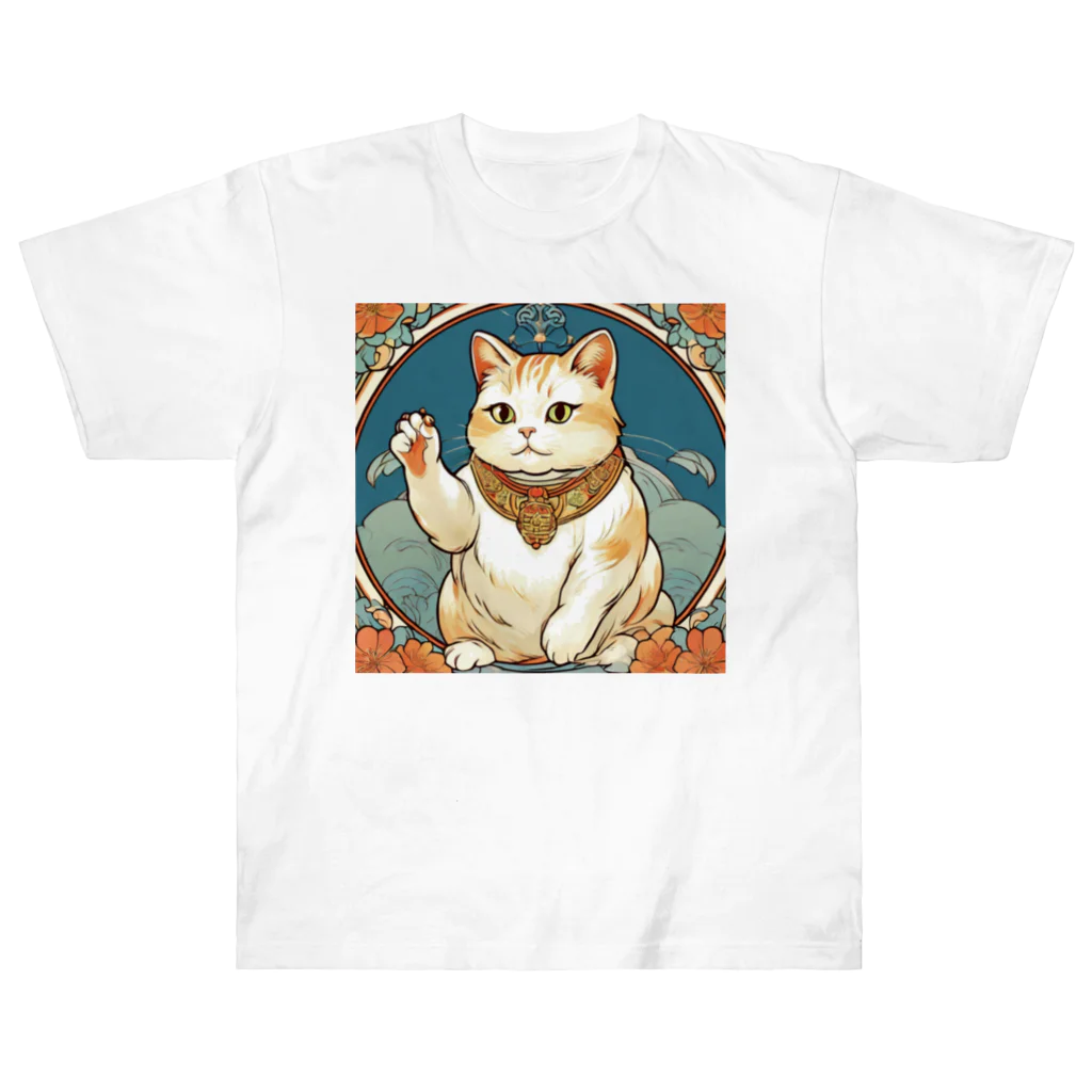 ゆまちゃんの開運雑貨屋さんの夜のミュシャ風招き猫 Heavyweight T-Shirt