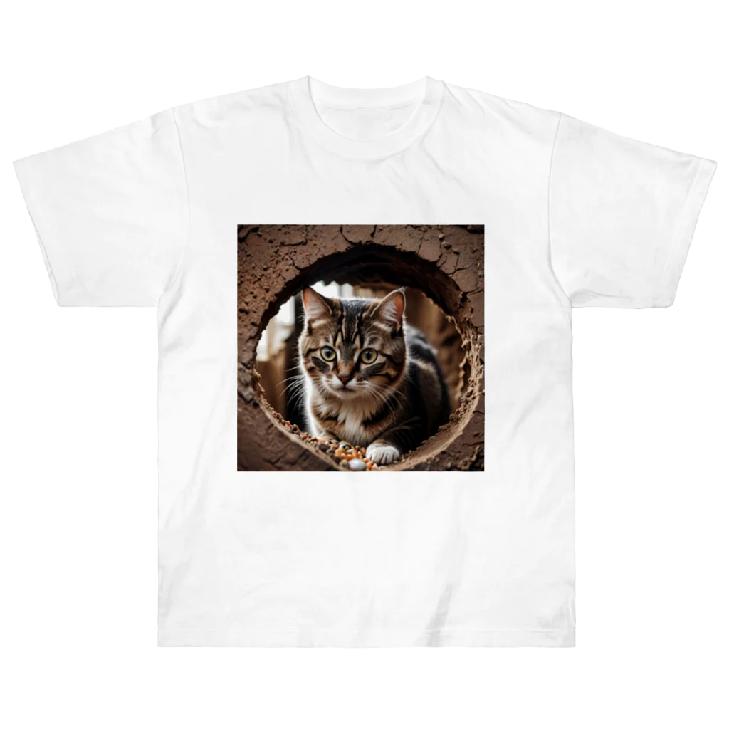 zigerparkの穴から覗く猫 ヘビーウェイトTシャツ