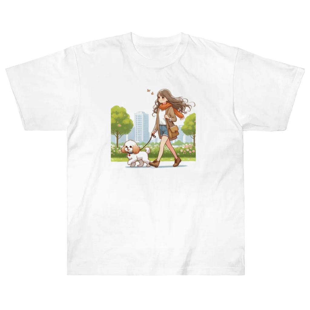 南国のかわいい犬と散歩をする女性 Heavyweight T-Shirt