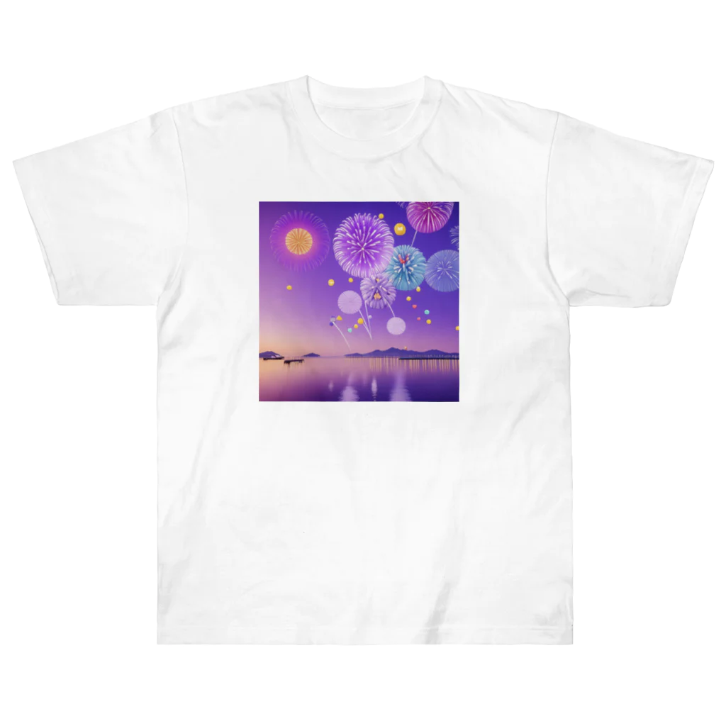 chan-takehaniの夕暮れの湖と幻想的な花火 ヘビーウェイトTシャツ