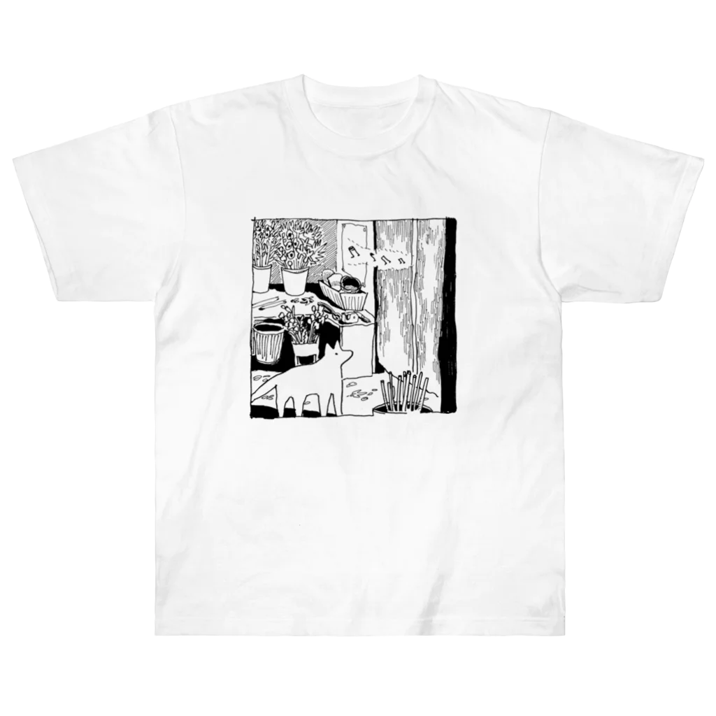 yawarakanezumiのバイト中に有線を聴く犬 Heavyweight T-Shirt