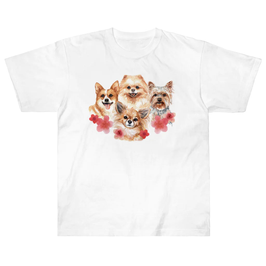 SANKAKU DESIGN STOREのお花の似合う小さい犬たち。 ヘビーウェイトTシャツ