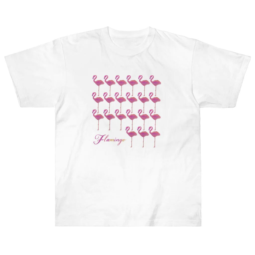 mojitoiro（もじといろ）のフラミンゴ Flamingo たくさん ヘビーウェイトTシャツ