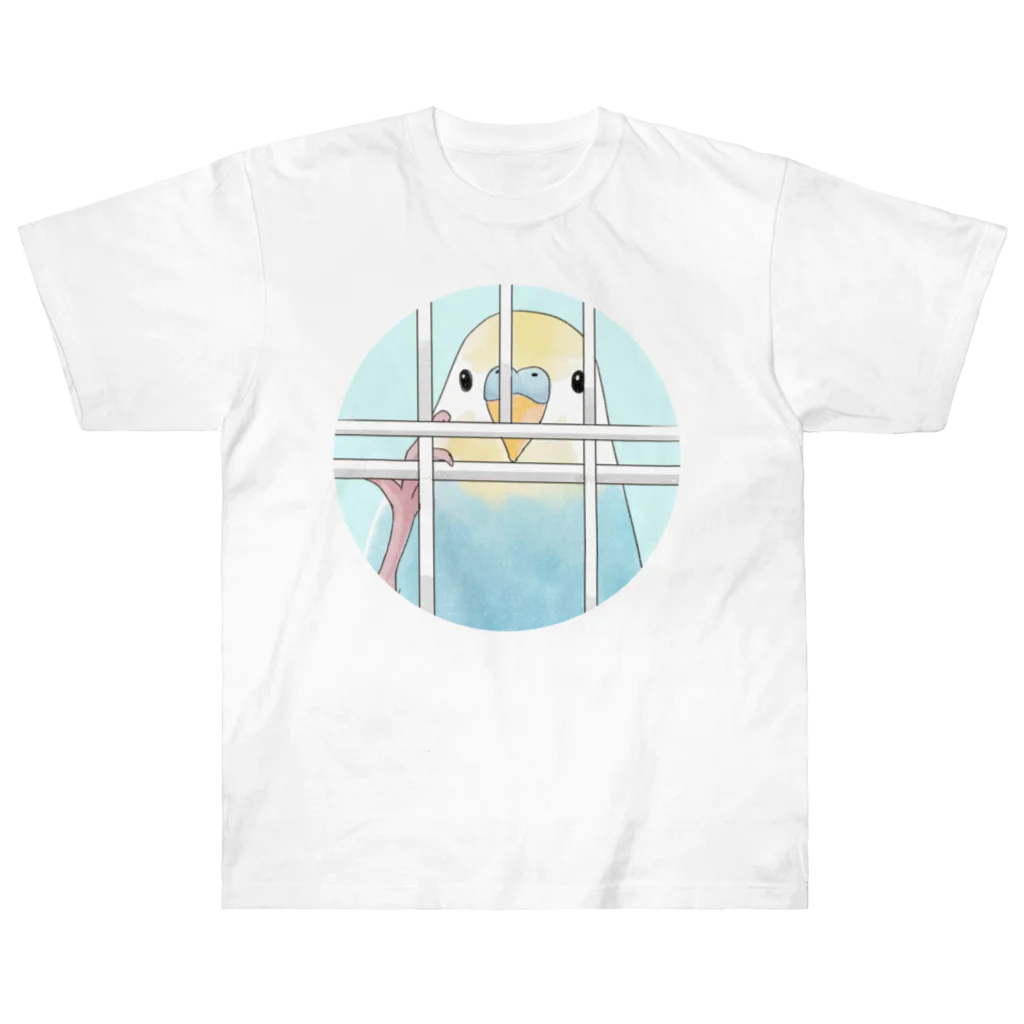 まめるりはことりの可愛いのぞき見セキセイインコちゃん【まめるりはことり】 ヘビーウェイトTシャツ