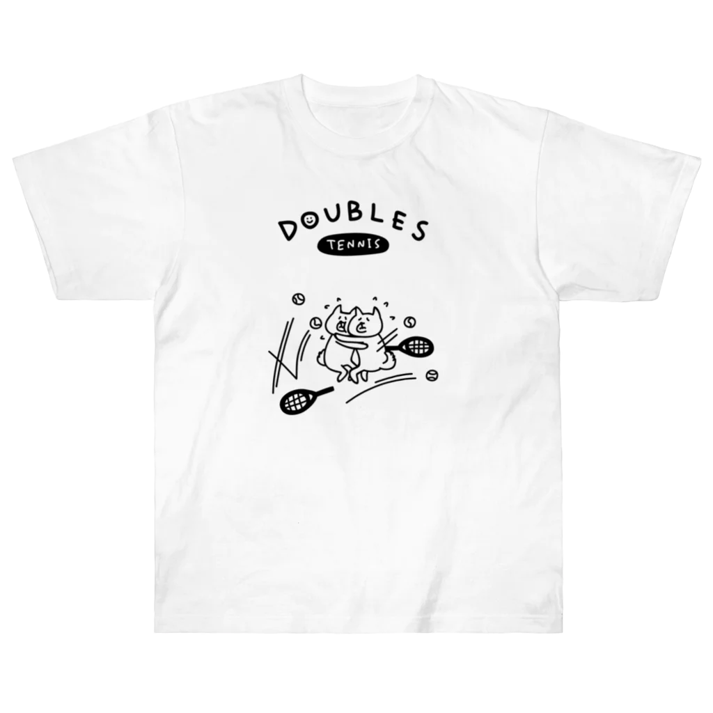 PokuStarのテニス　ダブルスに挑むイヌ ヘビーウェイトTシャツ