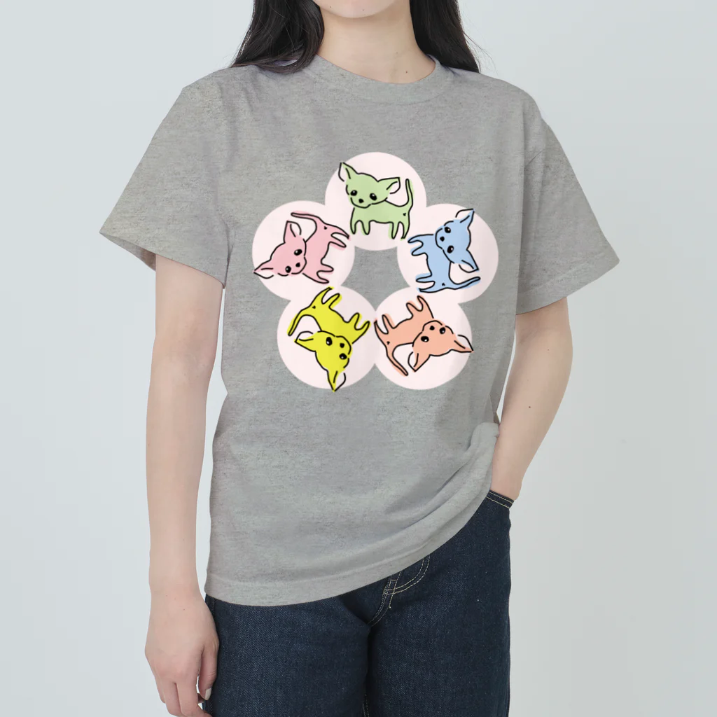 akane_art（茜音工房）のゆるチワワ（フラワーサークル） ヘビーウェイトTシャツ