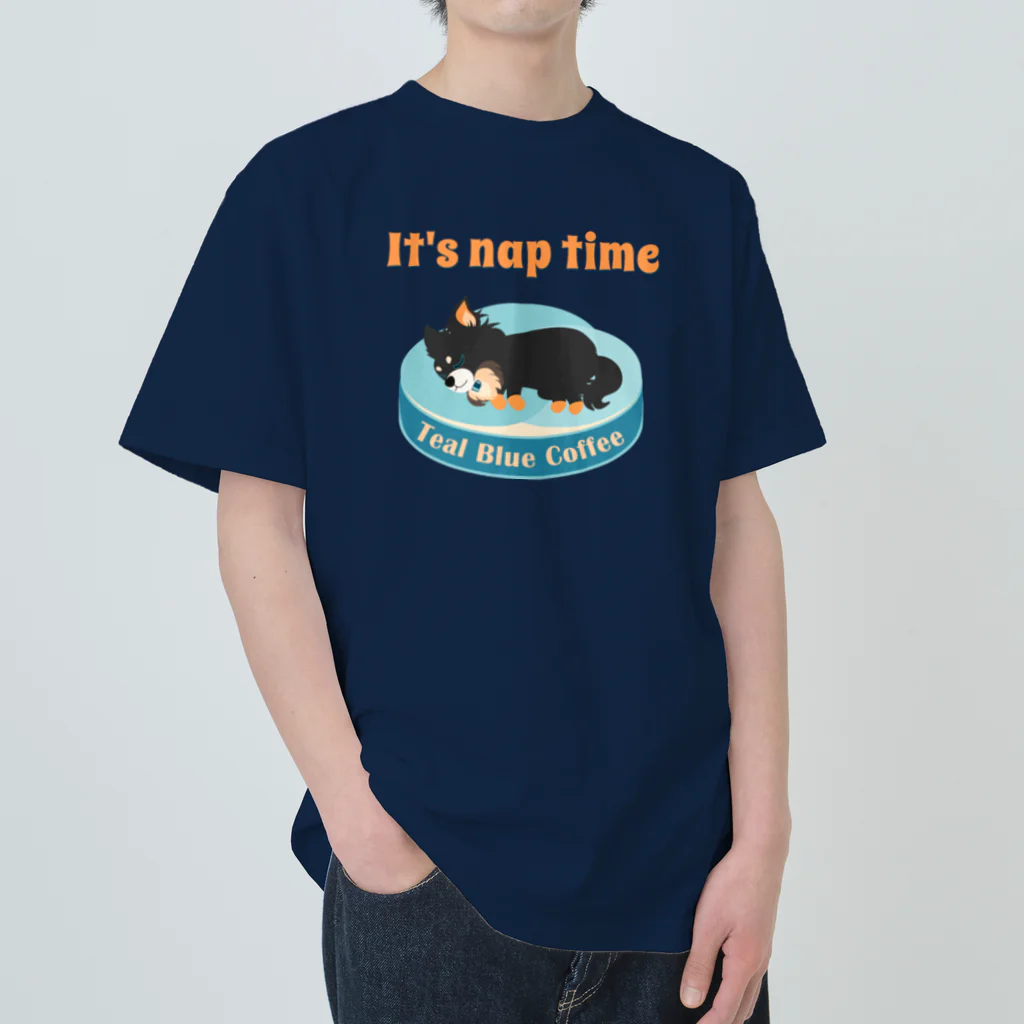 Teal Blue Coffeeのお昼寝の時間　-puppy teal- ヘビーウェイトTシャツ