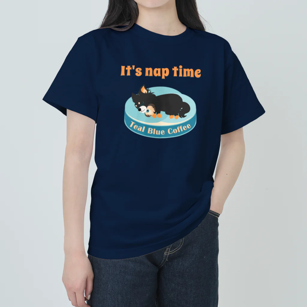 Teal Blue Coffeeのお昼寝の時間　-puppy teal- ヘビーウェイトTシャツ