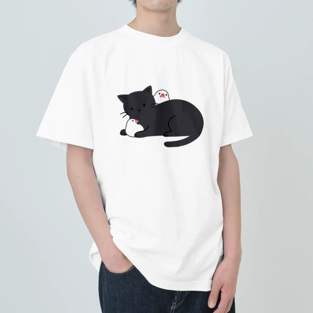 あずき缶の黒猫と白文鳥 ヘビーウェイトTシャツ