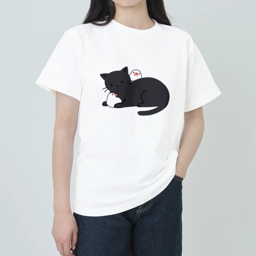 あずき缶の黒猫と白文鳥 ヘビーウェイトTシャツ