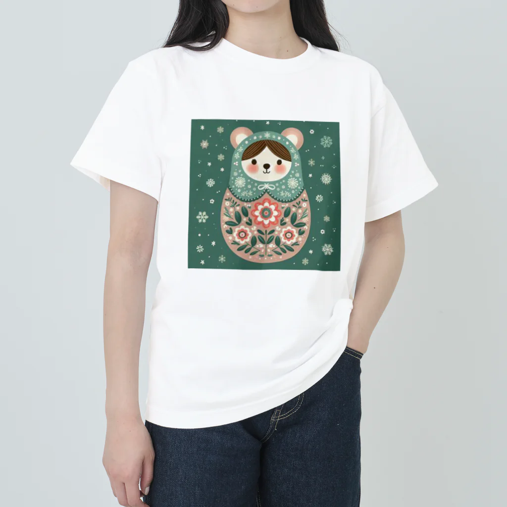 可愛い動物マトリョーシカのクマのマトリョーシカ（深緑） ヘビーウェイトTシャツ