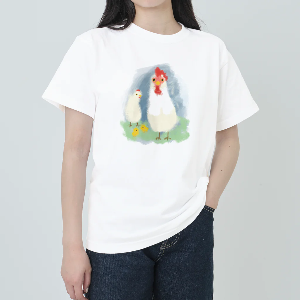 akane_art（茜音工房）のいきものイラスト（ニワトリの親子） ヘビーウェイトTシャツ