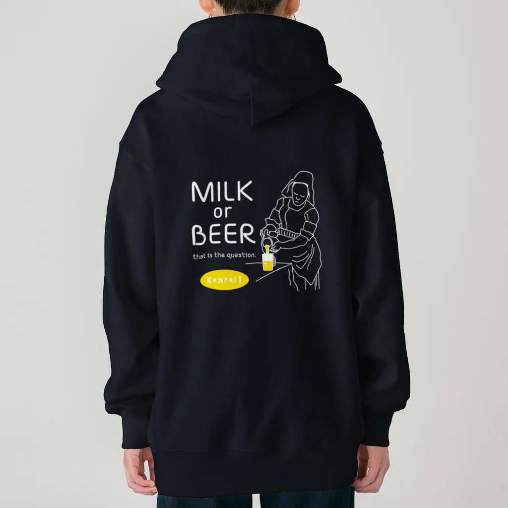 ビールとアート TM-3 Designの名画 × BEER（牛乳を注ぐ女・牛乳かビールか、それが問題だ。）白線画 Heavyweight Zip Hoodie