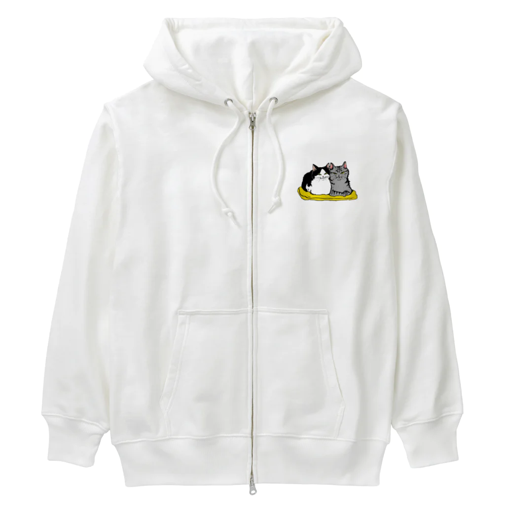 猫竹（nekotake)の黄色い座布団のサバトラとハチワレ仲良し猫(香箱)-猫竹 Heavyweight Zip Hoodie