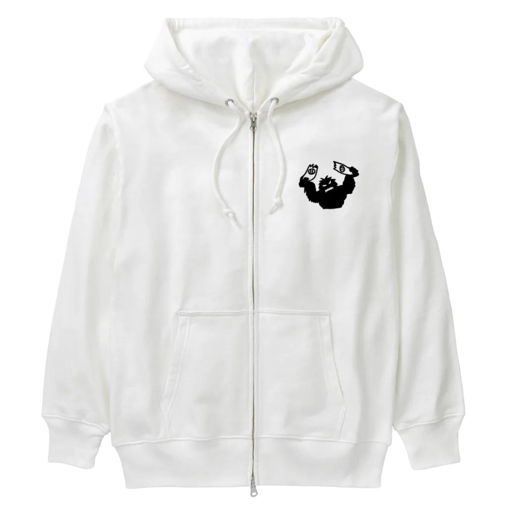 QUQU_WORKSのスノーボードをへし折るイエティ ブラック Heavyweight Zip Hoodie