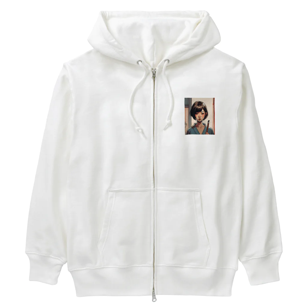 ワンダーワールド・ワンストップのおかっぱ頭のミステリアスな女性画家 Heavyweight Zip Hoodie