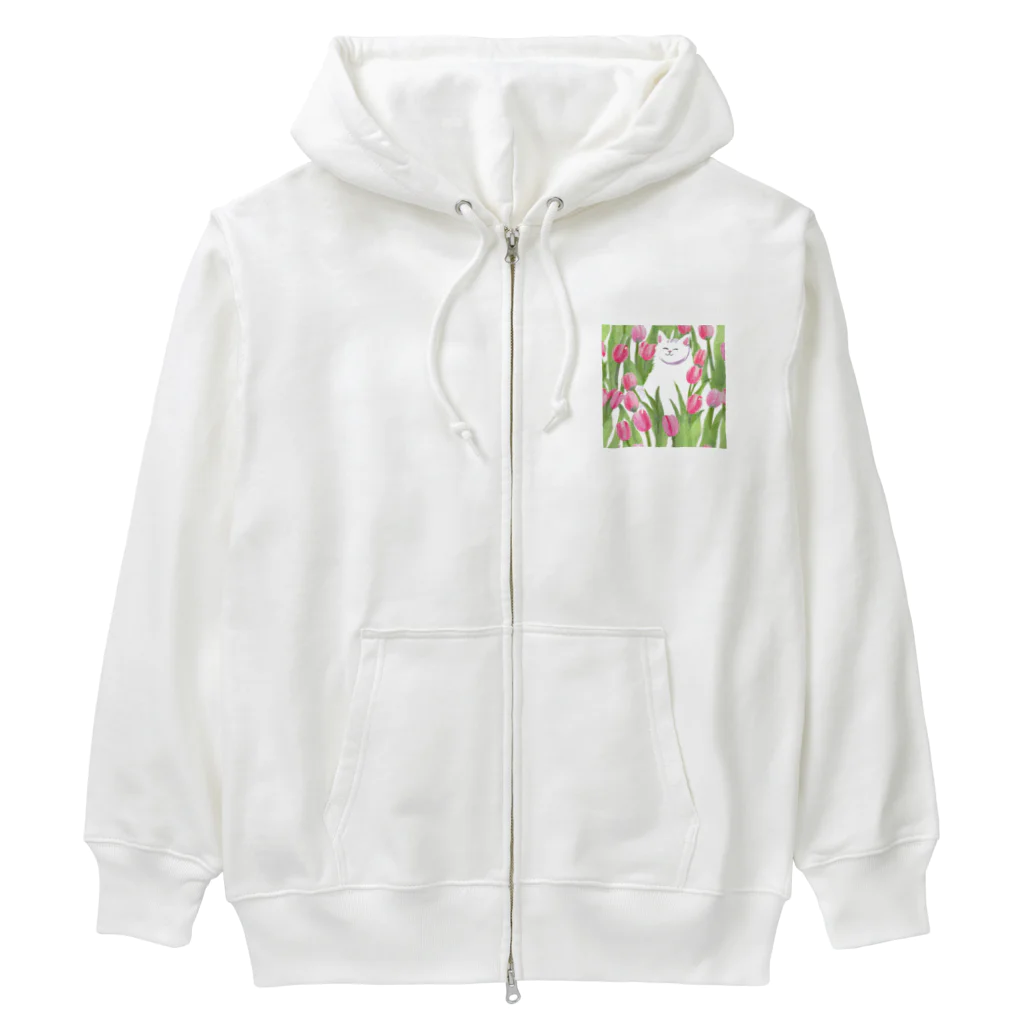 癒しのふわふわ白猫ちゃんのチューリップと白猫ちゃん Heavyweight Zip Hoodie