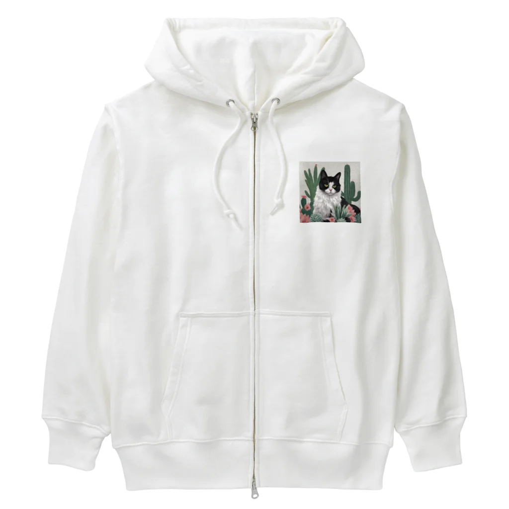 capcat1919のハチワレ白黒猫とサボテン Heavyweight Zip Hoodie