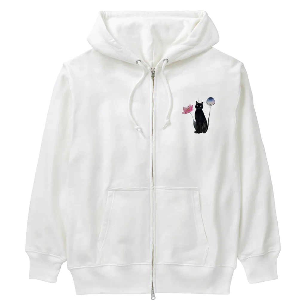 幸運のしっぽの黒猫と花 Heavyweight Zip Hoodie