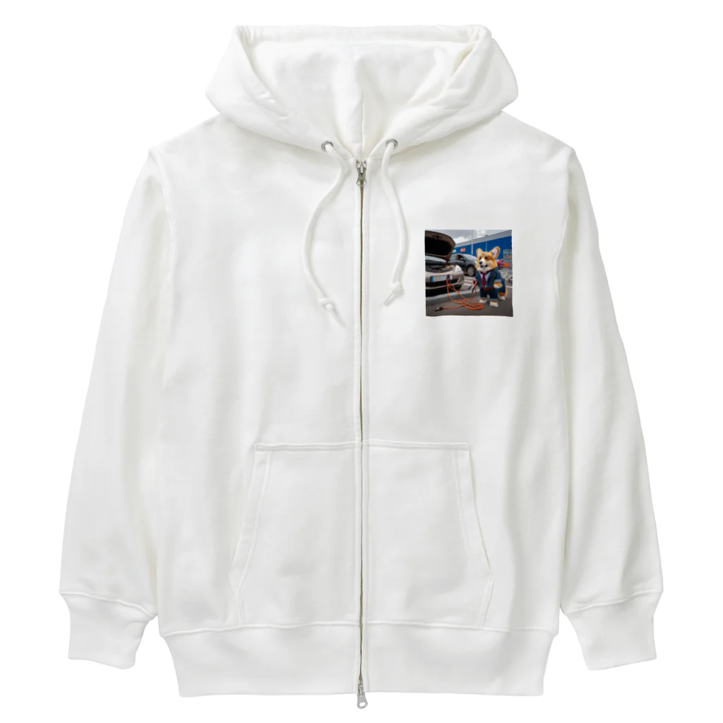 Colorful Canvasの車のバッテリーがあがって、立ち往生しているコーギー Heavyweight Zip Hoodie