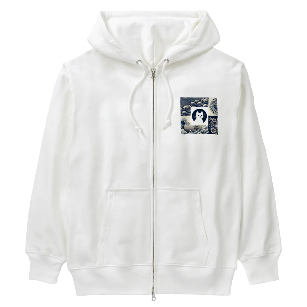 あずきば-あたりのシロネコ和柄 Heavyweight Zip Hoodie