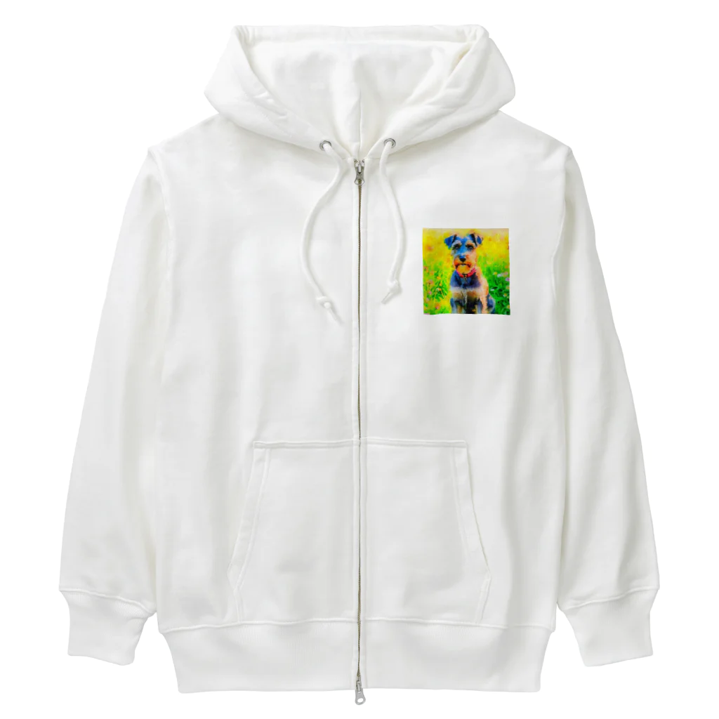 犬好きのしましまの水彩画の犬 花畑のシュナウザーのイラスト Heavyweight Zip Hoodie