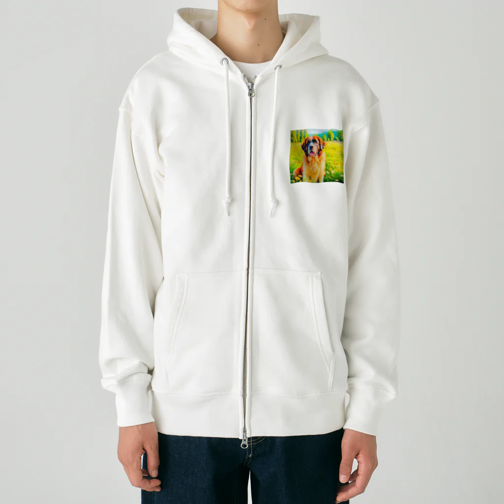 犬好きのしましまの水彩画の犬 花畑のセントバーナードのイラスト Heavyweight Zip Hoodie