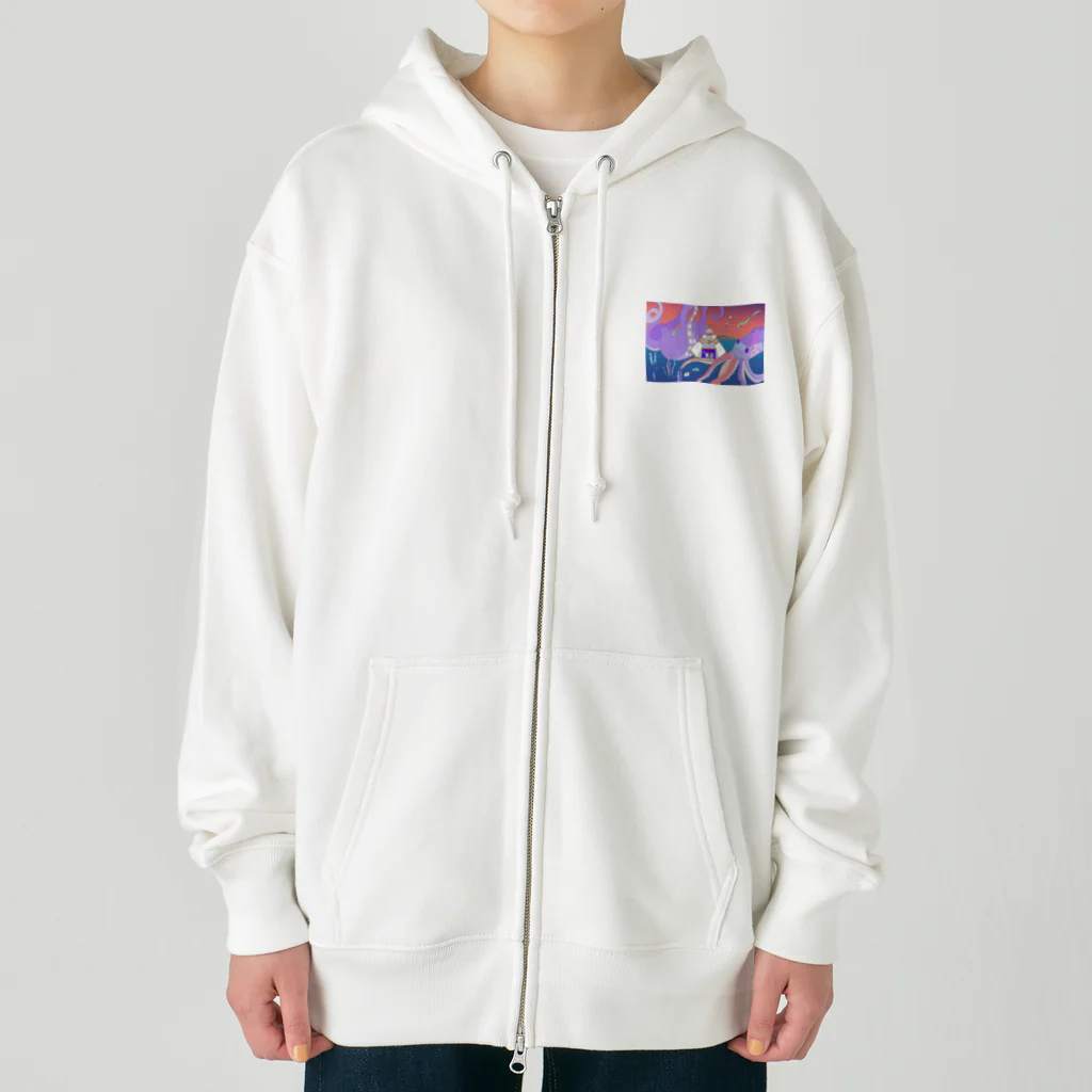 宇宙キャンプの深海でDJするねこ、タコとイカ、クラゲ、リュウグウノツカイ Heavyweight Zip Hoodie