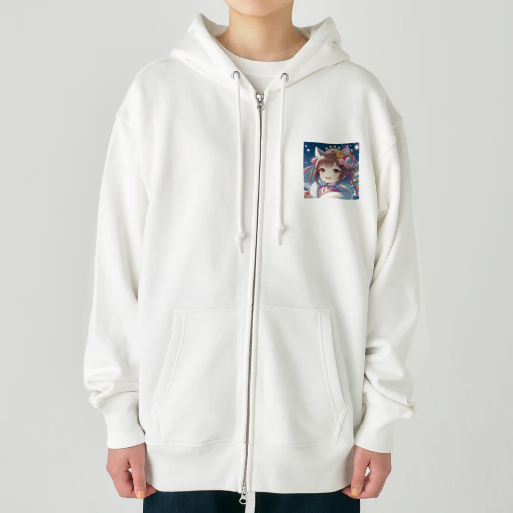 Happy Hub"（ハッピー・ハブ）の猫ギャル振り袖 Heavyweight Zip Hoodie