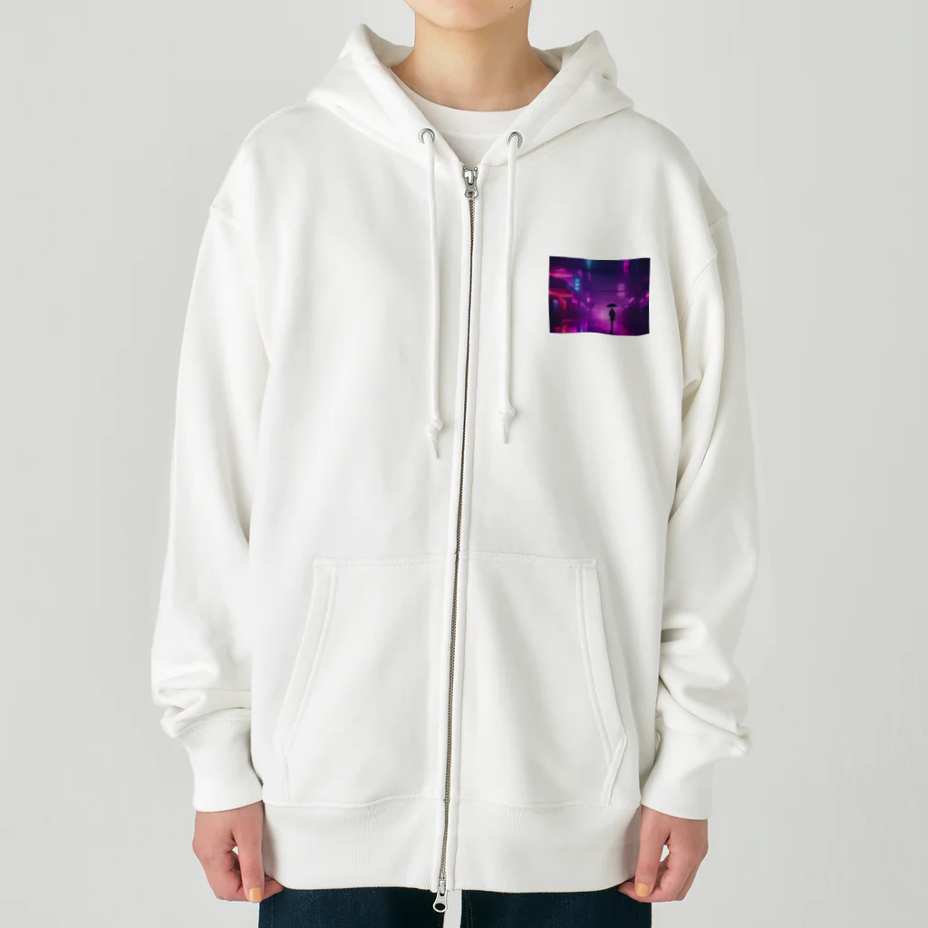 shell_hutの雨の降る夜、街灯が街を照らしながら、一人で歩く主人公 Heavyweight Zip Hoodie