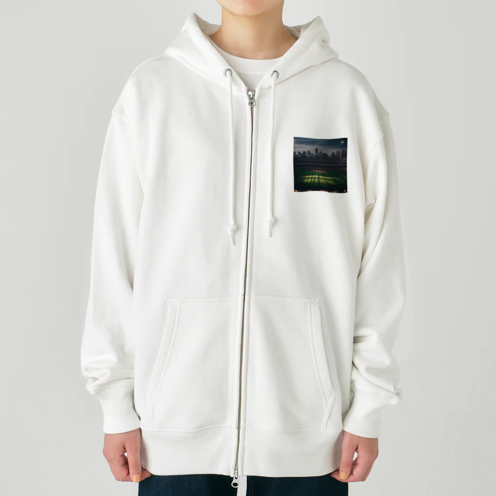 dream_canvasの空にそびえる高層ビルとスポーツスタジアムの壮大な景色。 Heavyweight Zip Hoodie