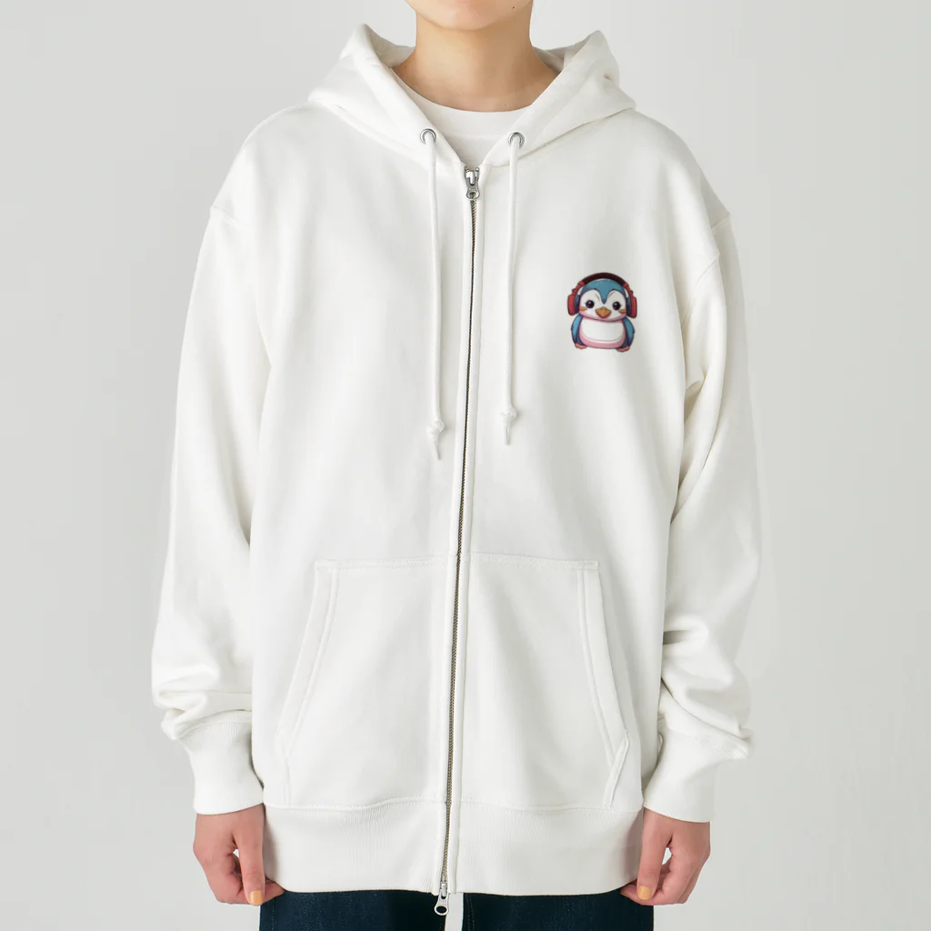 Vasetti_pressの赤いヘッドホンを付けているペンギン Heavyweight Zip Hoodie