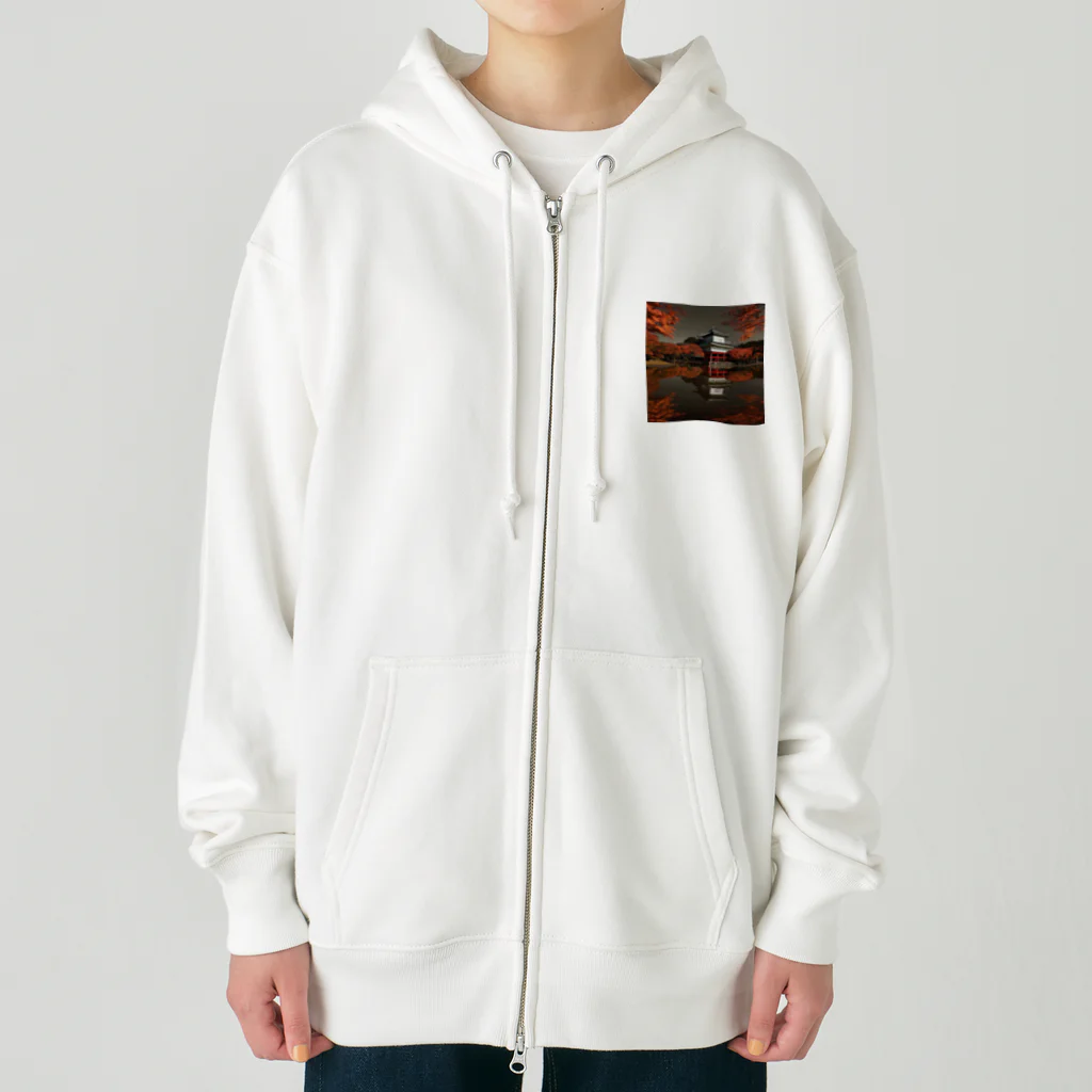 yohiti193の池に映る日本の歴史的建造物と紅葉 Heavyweight Zip Hoodie