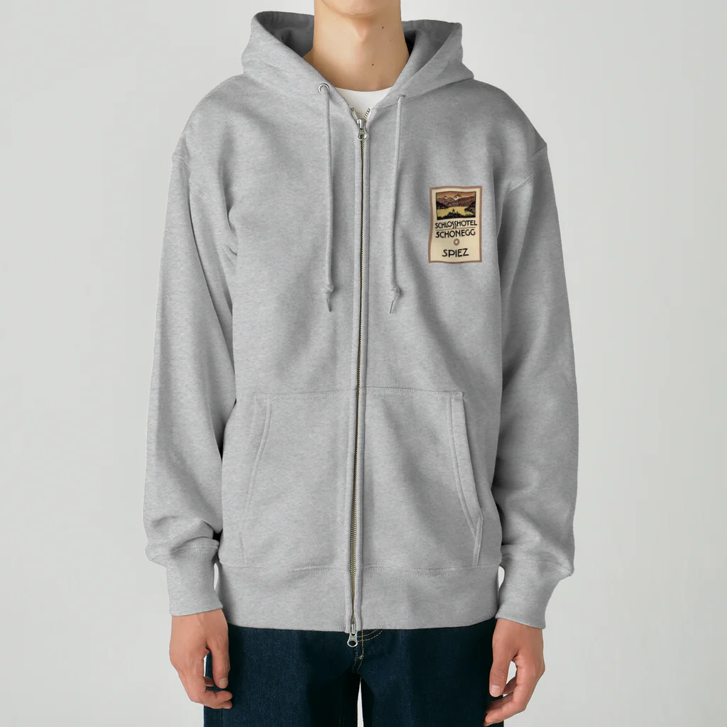 YS VINTAGE WORKSのスイス・ベルン州シュピーツのシャトーホテルの古い広告 Heavyweight Zip Hoodie