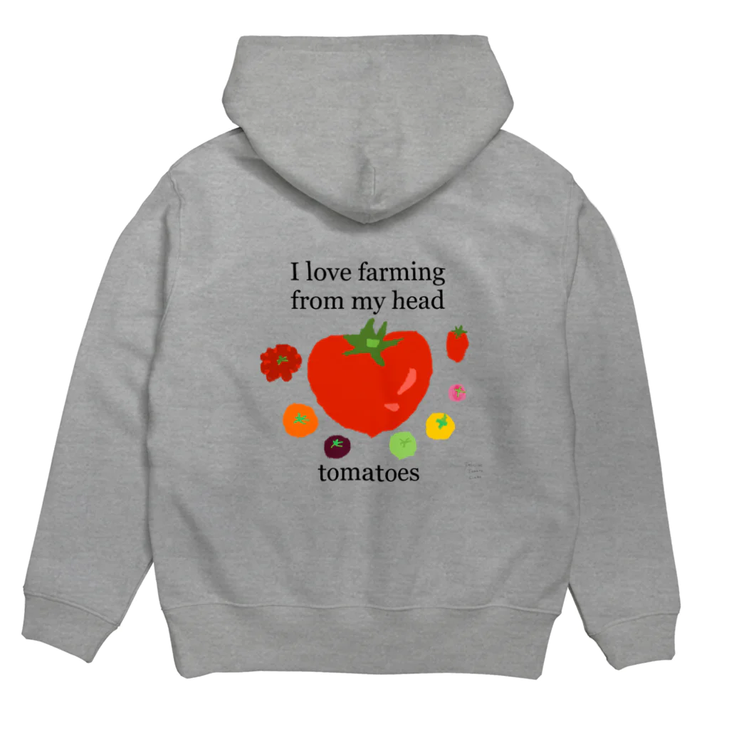 美味しいトマトの研究所の頭の先から足の先まで農業を愛してる パーカーの裏面