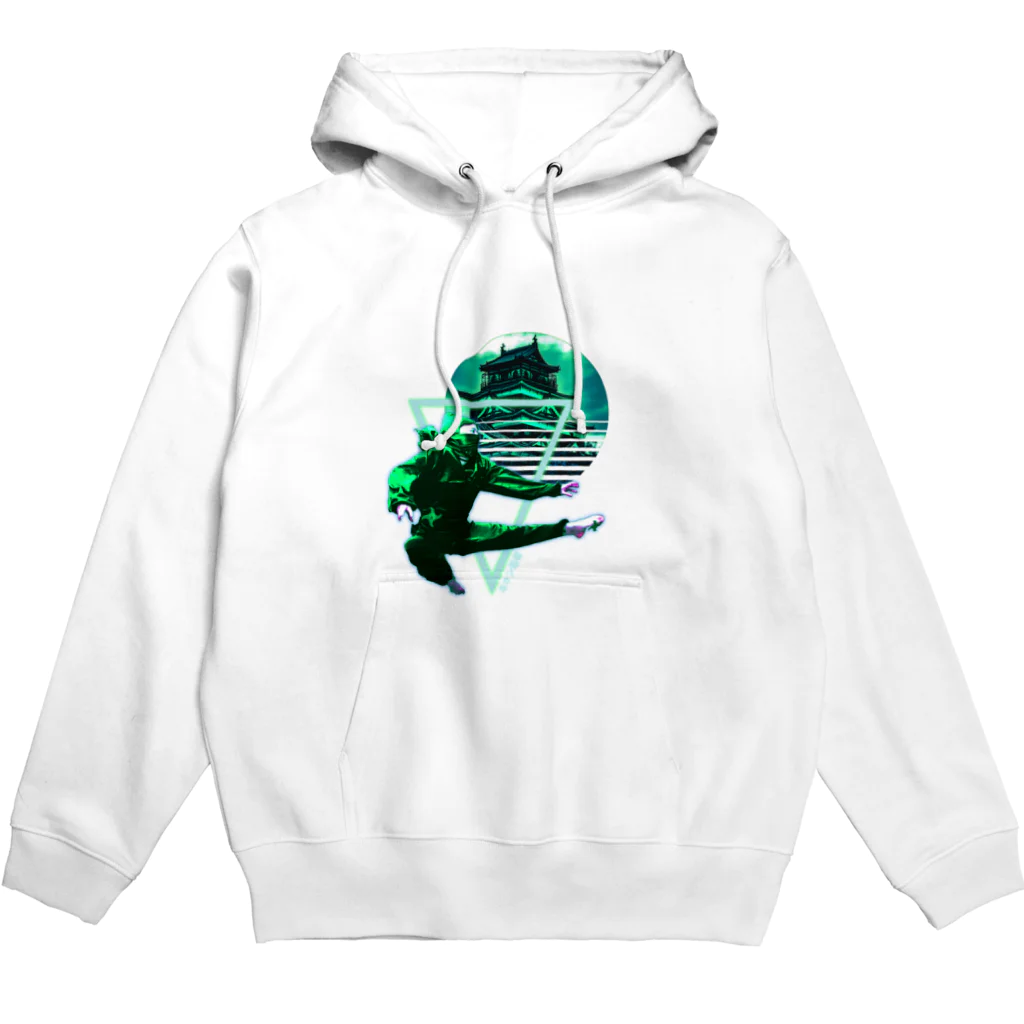 Vibin Designsの緑ネオン忍者ヴェイパーウェイヴ城 Hoodie