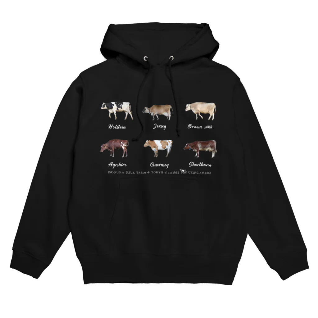 ushicameraの6種類の乳牛オールスターズ 白字 パーカー