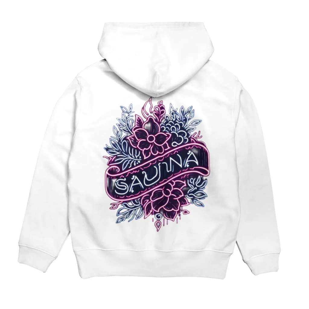 N SAUNA LOGOのネオン風花柄サウナロゴ11　花柄ver.4 Hoodie:back