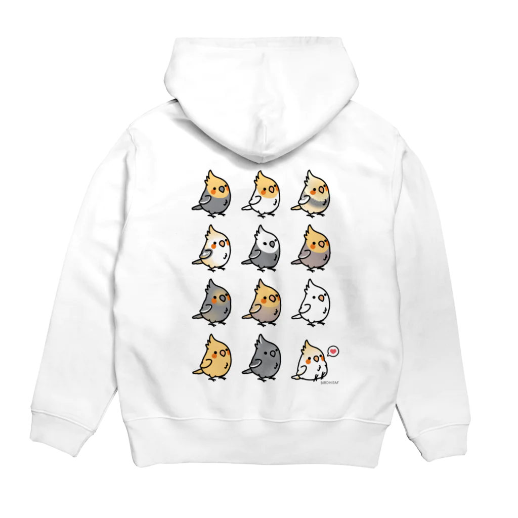 Cody the Lovebirdの【両面】Chubby Bird（背面）オカメインコ大集合　（表）サングラスをかけたオカメインコ Tシャツ Hoodie:back