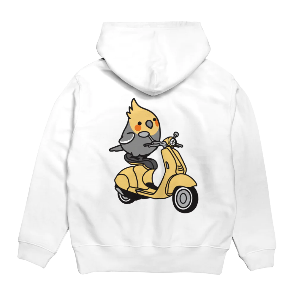 Cody the Lovebirdの（両面） オカメインコとマンドリン　＆　バイクに乗ったオカメインコ　Chubby Bird Hoodie:back