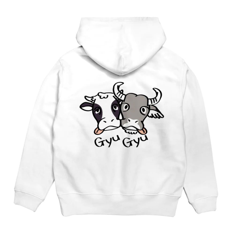 キッズサイズ　わんぱくぽめる堂のキッズサイズ　バックプリント　牛のギュウギュウ Hoodie:back