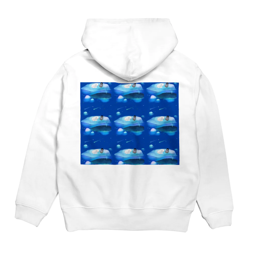 NORIMA'S SHOP の漂流した氷の上でクジラを眺めるしろくまくんとペンギンちゃん Hoodie:back